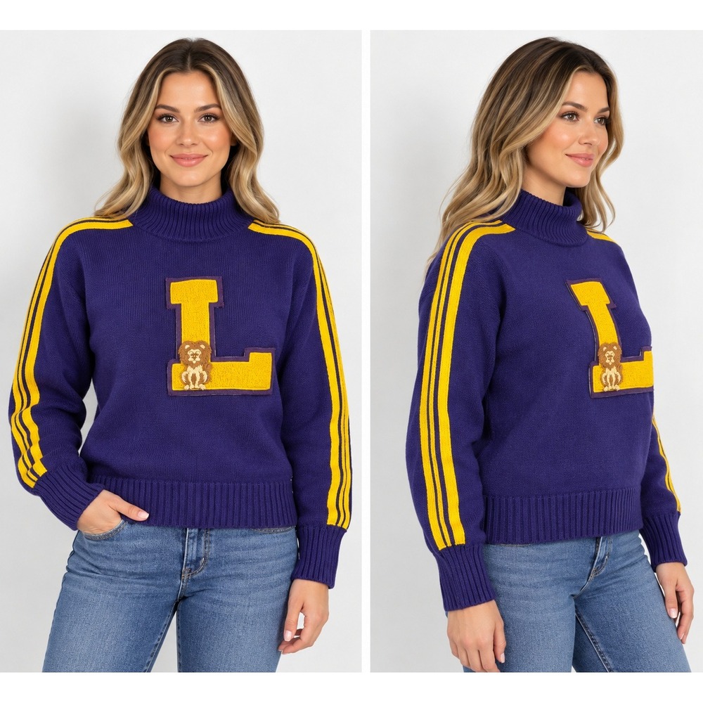 Vintage Dallas Knitting Co Varsity Sweater Purple Lion Turtleneck Size 40